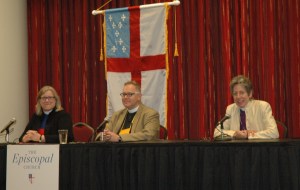 House of Deputies President Gay Clark Jennings; General Convention Secretary Michael Barlowe; and Presiding Bishop Katharine Jefferts Schori at today's press conference.